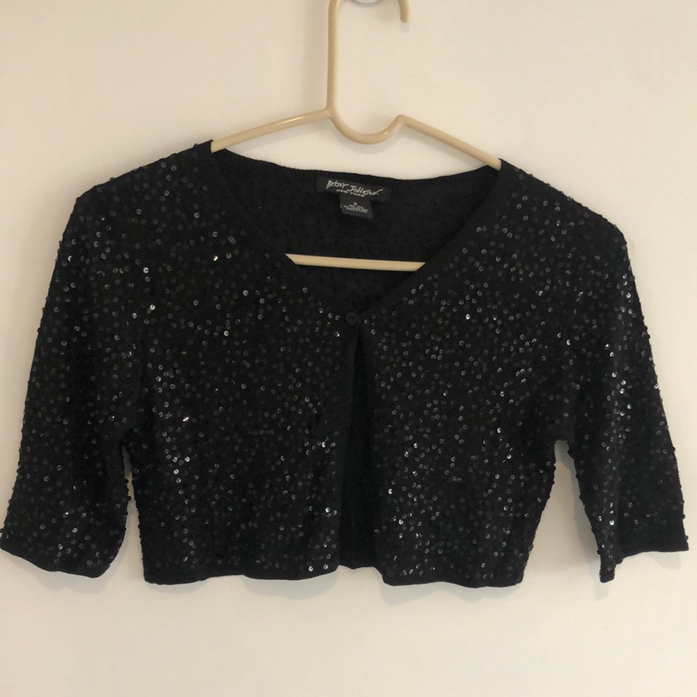 Betsey Johnson Silk Cropped Black Sequin Shrug Sz S New Condition Black Label